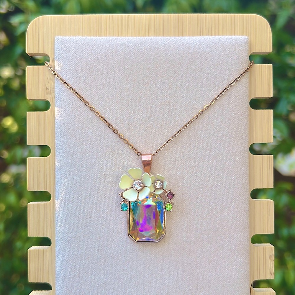 Aurora Borealis Emerald Cut + White Flower Rose Gold Pendant Drop Necklace